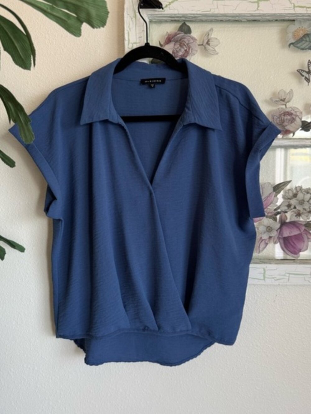 Pleione Slate Blue Draped V-Neck Collared Blouse Size M